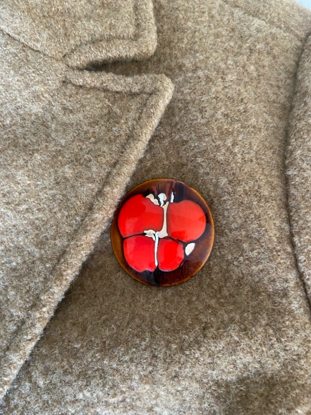 Gorgeous  Red and Brown Enamel/Copper Vintage Brooch. vibrant!